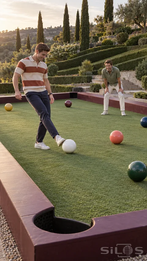 Two men play foot billiards on a large green court with plum rails; colored balls and terraced cypress gardens behind.