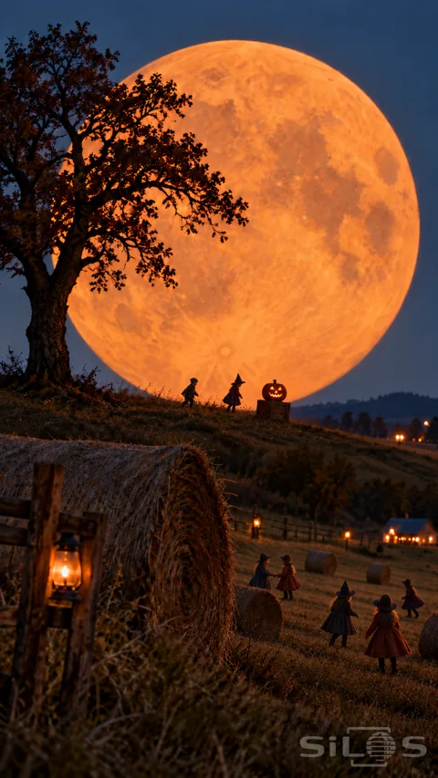 Small costumed children play beside hay bales and a pumpkin lantern beneath a huge orange harvest moon and dark oak.