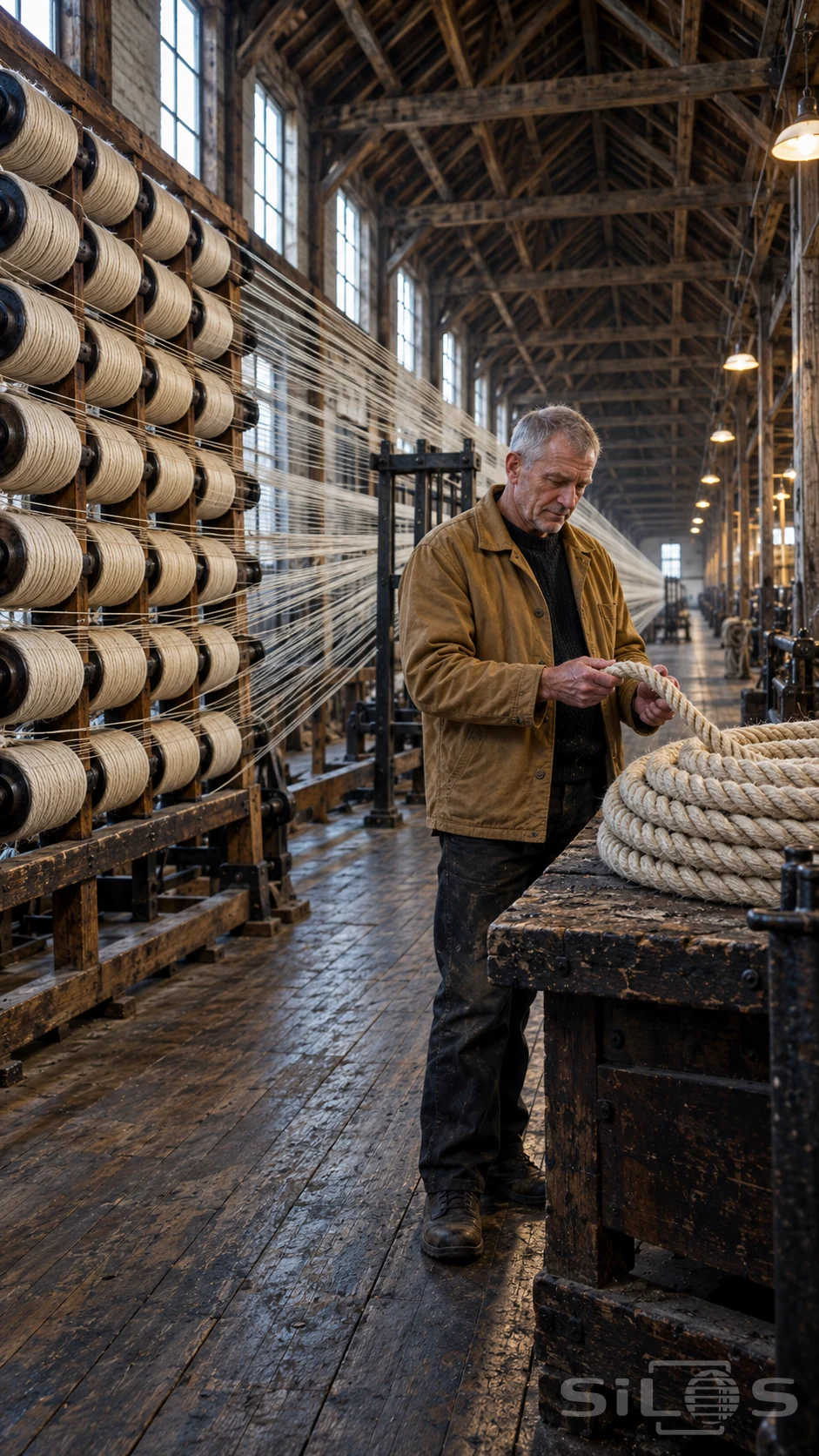 A man examines a coil of thick rope beside large fiber spools in a long wooden rope workshop.
