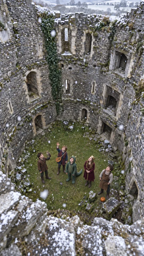 Five fully dressed children in medieval and dragon costumes stand separately on grass and look up at snow inside a ruined round keep.