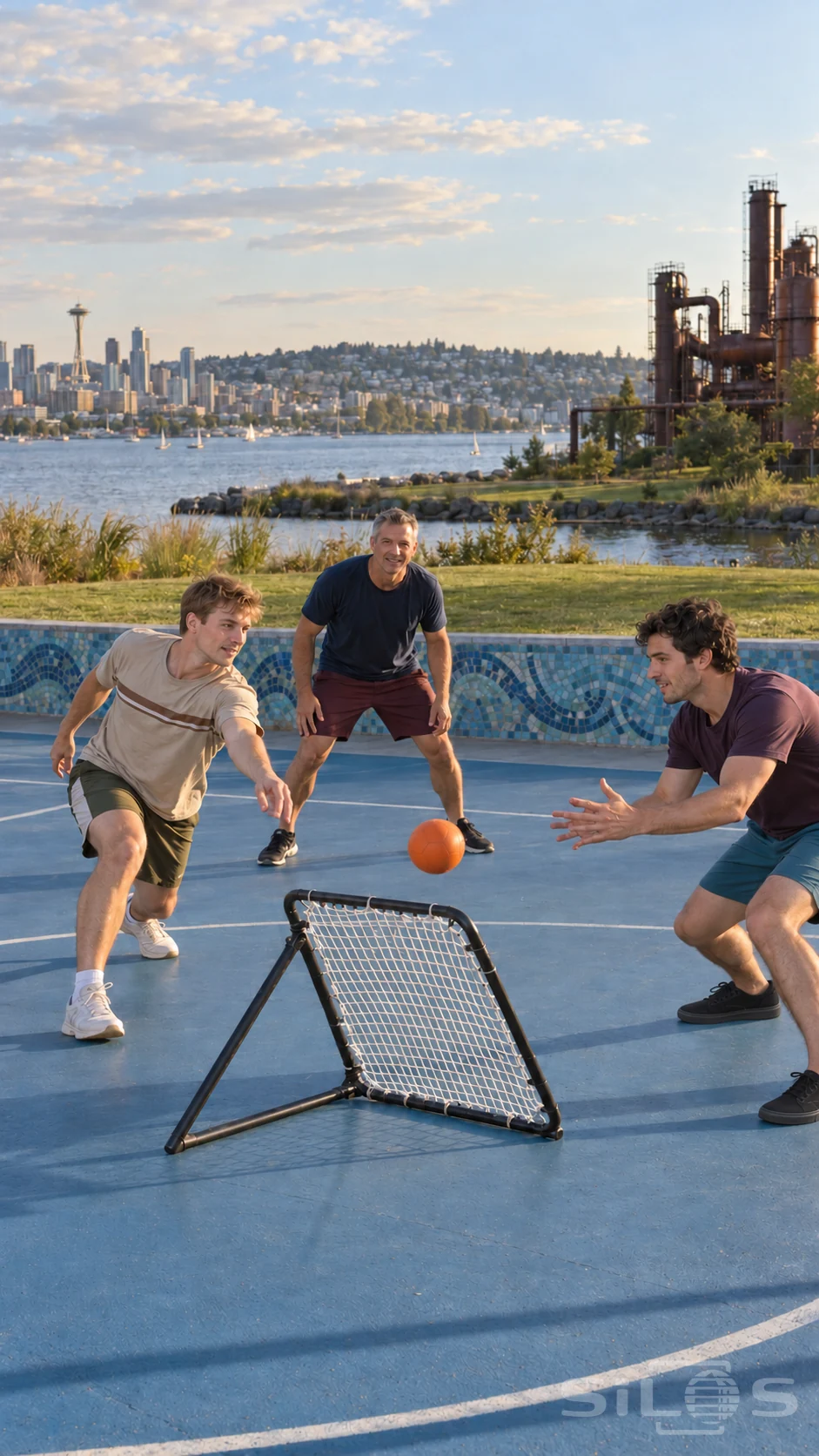 Three men follow a tchoukball rebound above a small net on a blue waterfront court beside a mosaic wall.