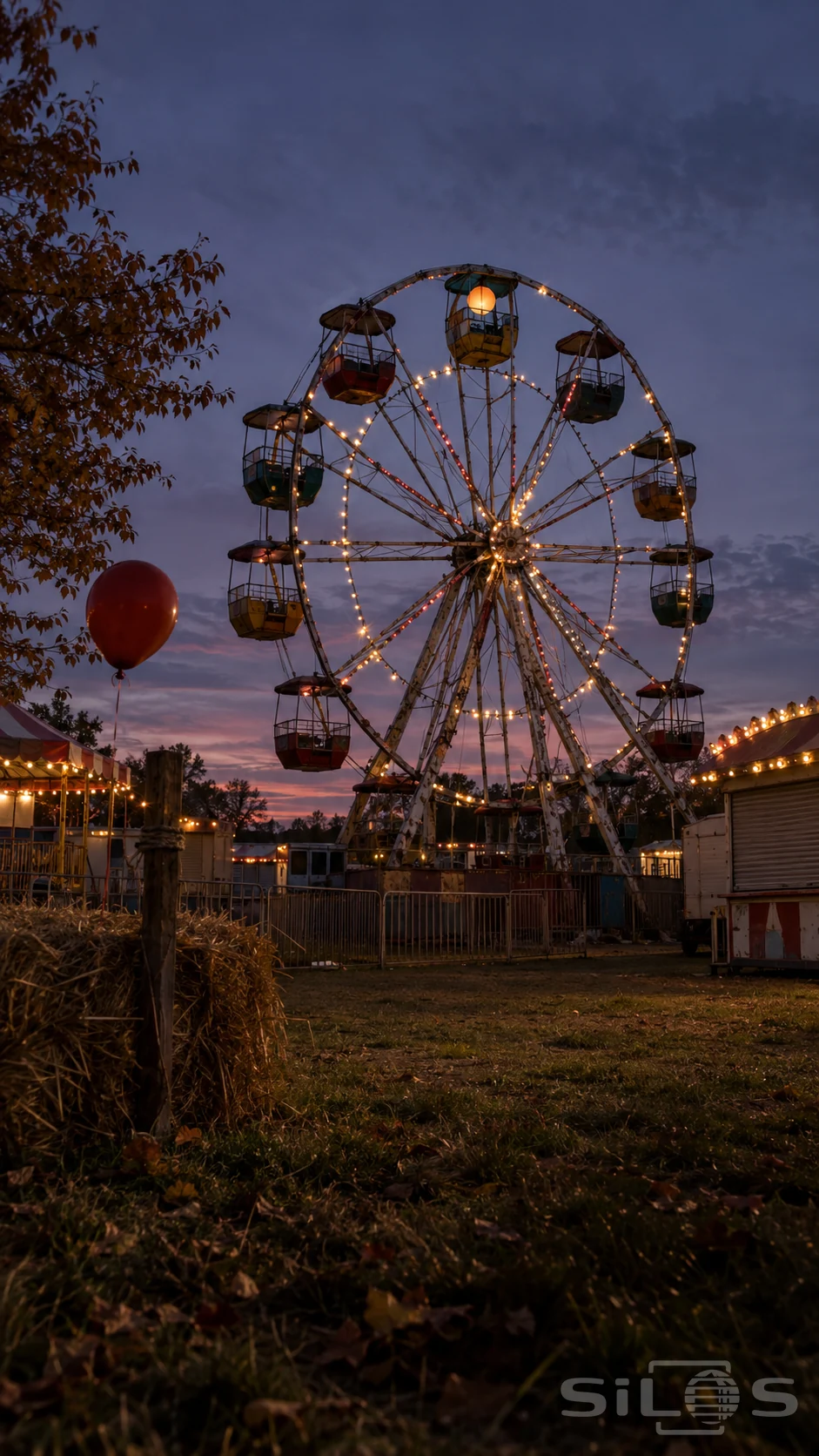 An empty ferris wheel glows at dusk with a paper lantern in its top cabin and a red balloon tied beside a straw bale.