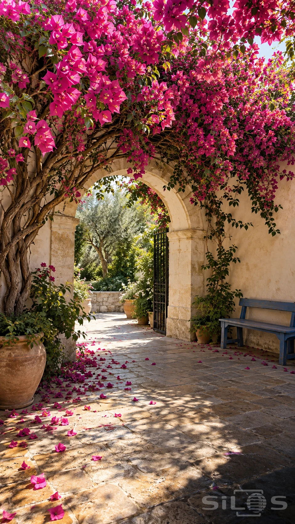Bougainvillea with magenta bracts drapes a pale stone courtyard arch above a blue bench, terracotta pots and scattered fallen bracts.