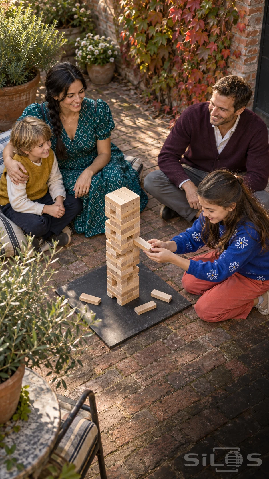 Four family members gather around a wooden block tower on a board in a brick courtyard while a girl pulls one piece.