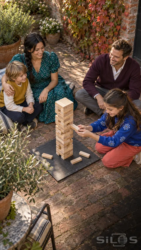 Four family members gather around a wooden block tower on a board in a brick courtyard while a girl pulls one piece.