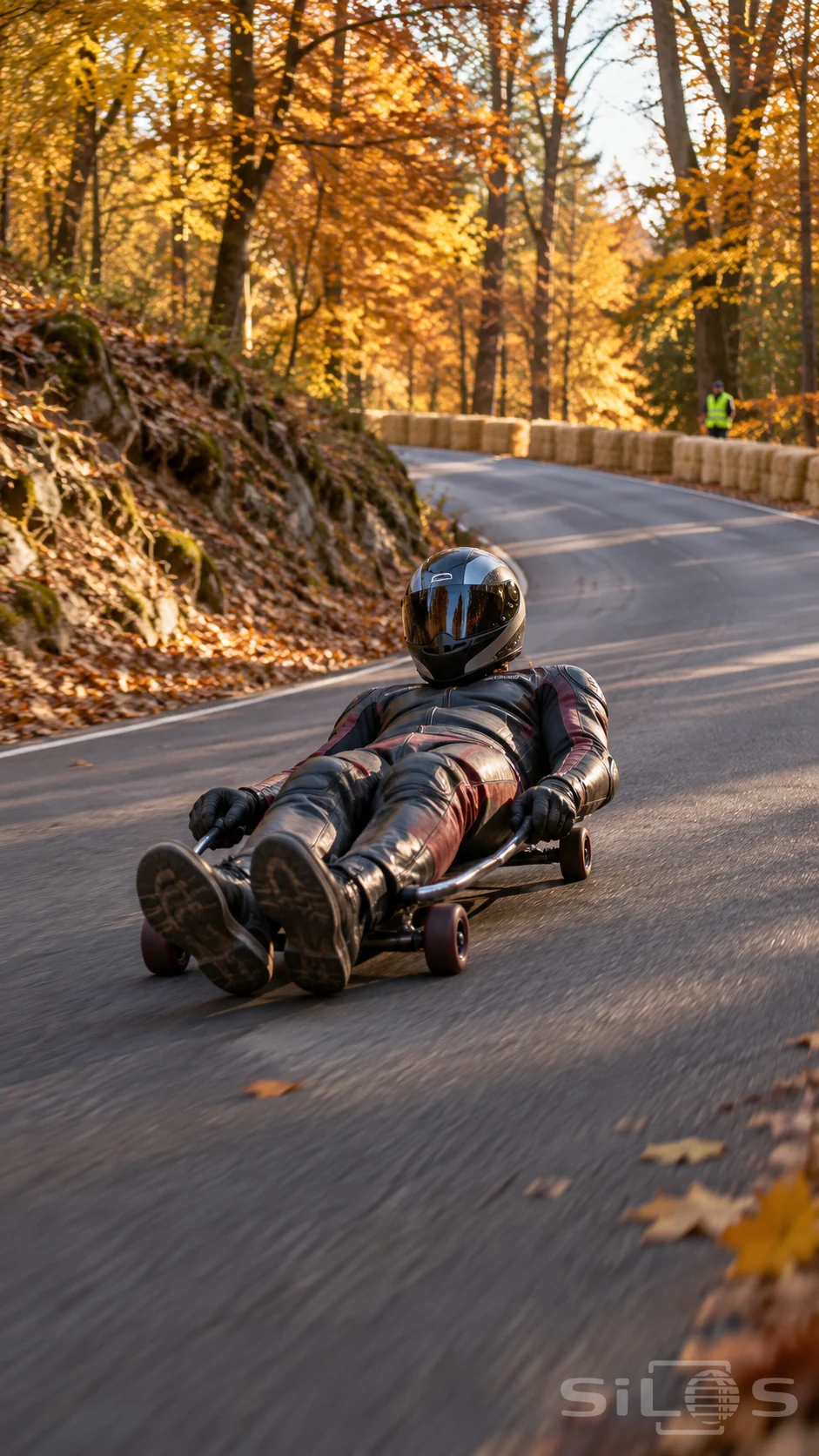 A rider in dark protective racing gear takes a street luge bend beneath golden autumn trees.