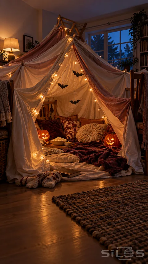 Halloween blanket fort made from cream sheets and rose blankets, with quilted cushions, paper bats and warm pumpkin lanterns inside a living room.