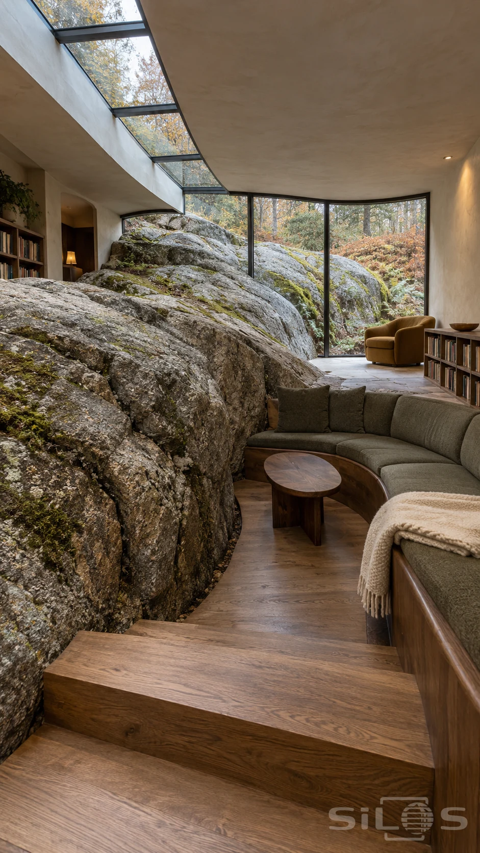 Curved moss-grey sofa and oak steps fitted around a huge rough granite outcrop beneath a long skylight in a woodland home.