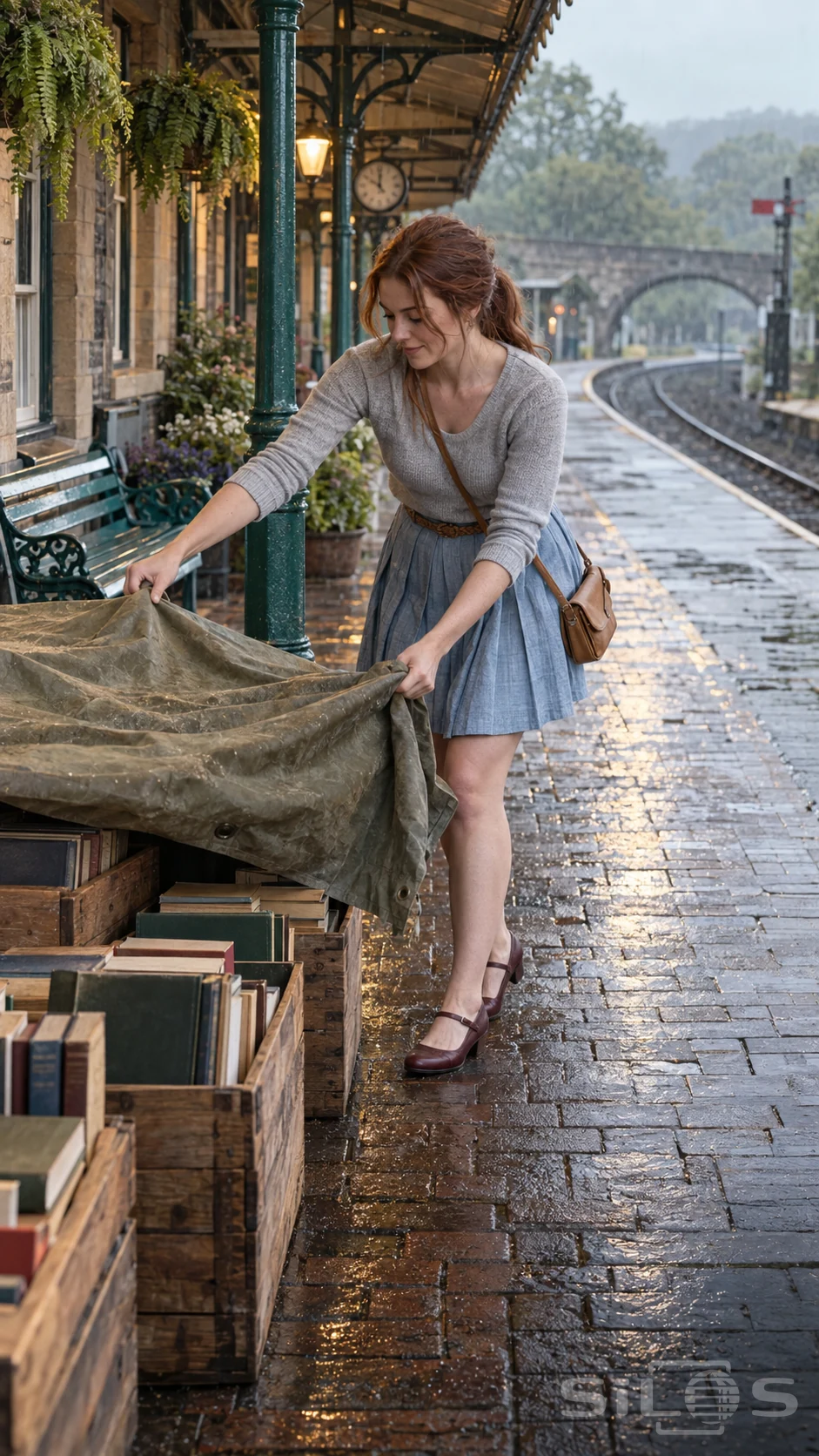 A woman covering books from rain with a canvas sheet on a station platform wears a blue chambray skirt and burgundy shoes.
