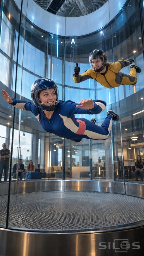 Indoor skydiving with two adult flyers in paneled flight suits hovering above a mesh floor inside a transparent wind tunnel.