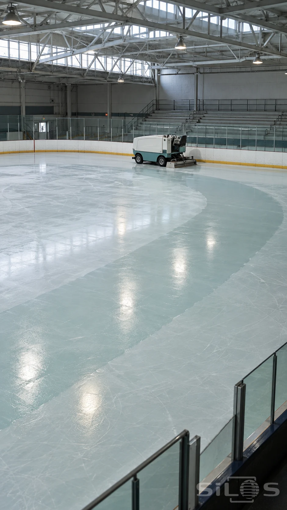 Quiet ice rink with a white and turquoise resurfacing vehicle parked beside a broad glossy trail, pale boards and empty gray seats.