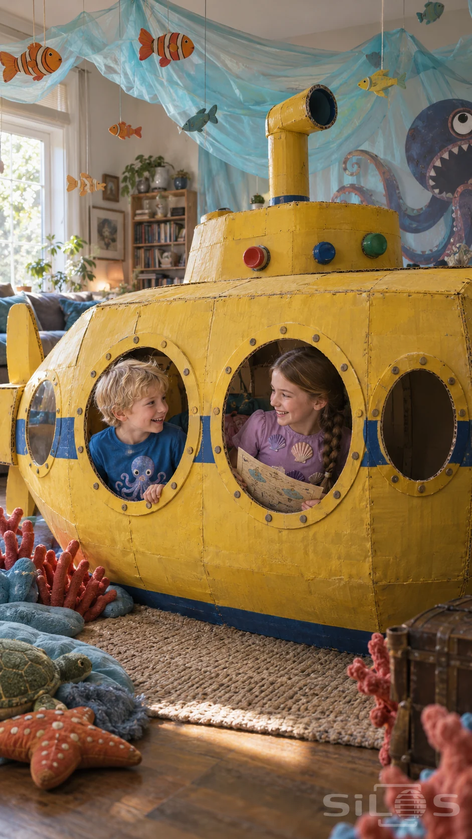 Cardboard submarine with round portholes, smiling siblings, paper fish and a painted sea creature in a decorated sitting room.