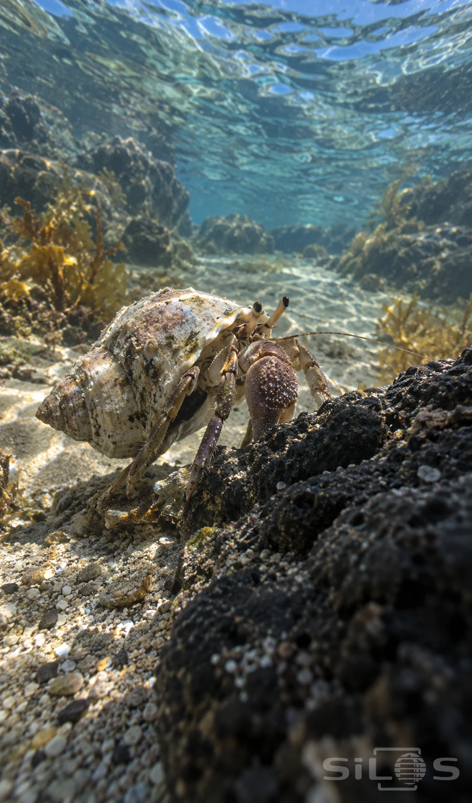 A hermit crab climbs a black rock tidal ridge under clear water, with a cream shell, fine antennae and amber seaweed.