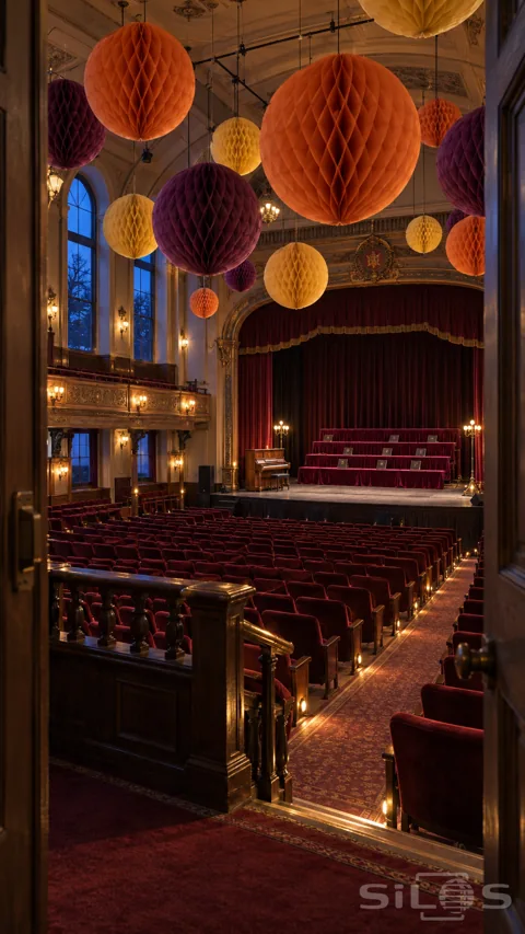 Huge honeycomb paper moons hang above an empty Halloween singalong theatre with a piano ready on stage.
