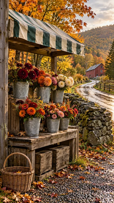 A flower stand holds buckets of dahlias beneath a striped awning beside a wet stone wall and autumn lane.