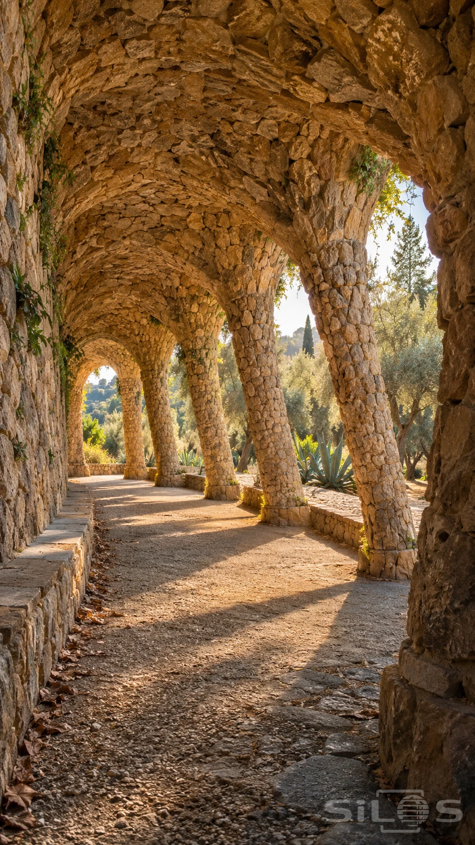 Leaning rough stone pillars support a low vaulted garden colonnade with a long bench, gravel path and warm slanting sunlight.