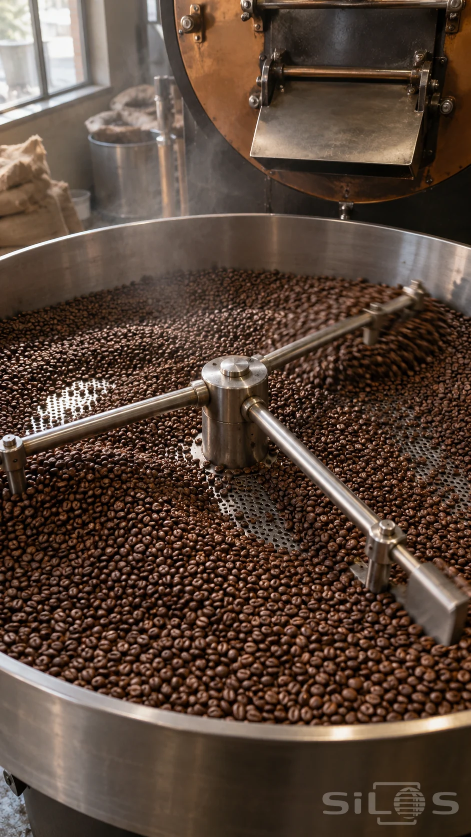 Three cooling arms sweep roasted coffee beans around a central steel spindle in a perforated circular tray below a roaster chute.