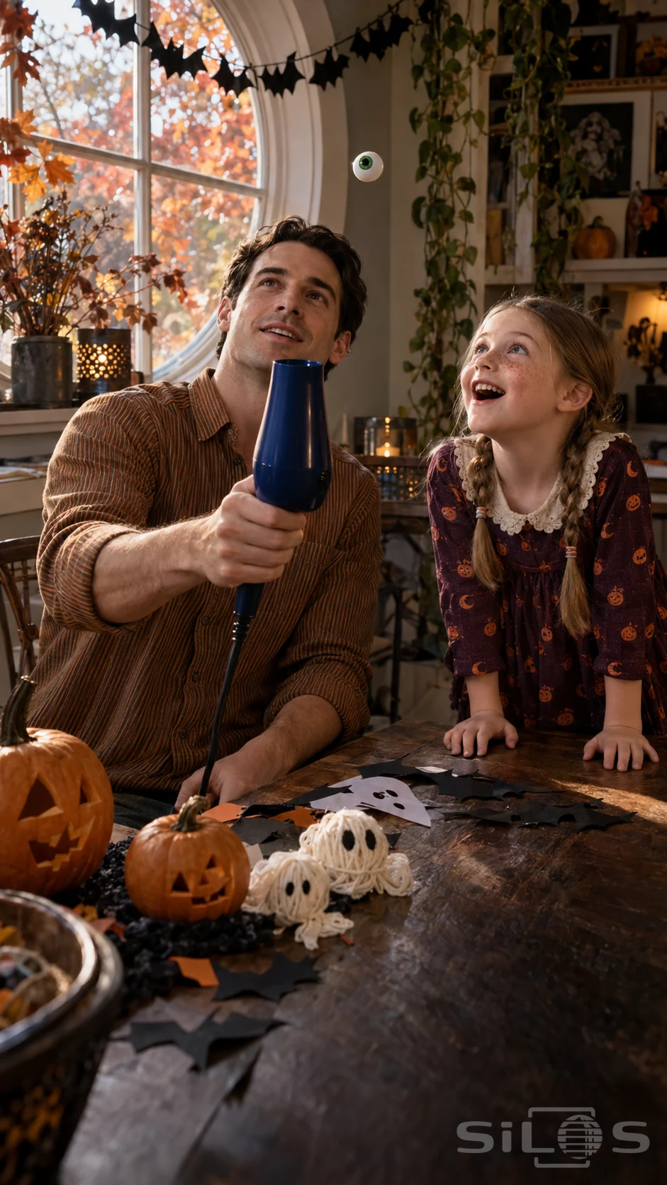 A father and daughter watch a small Halloween eyeball float above a hair dryer beside paper bats and carved pumpkins.