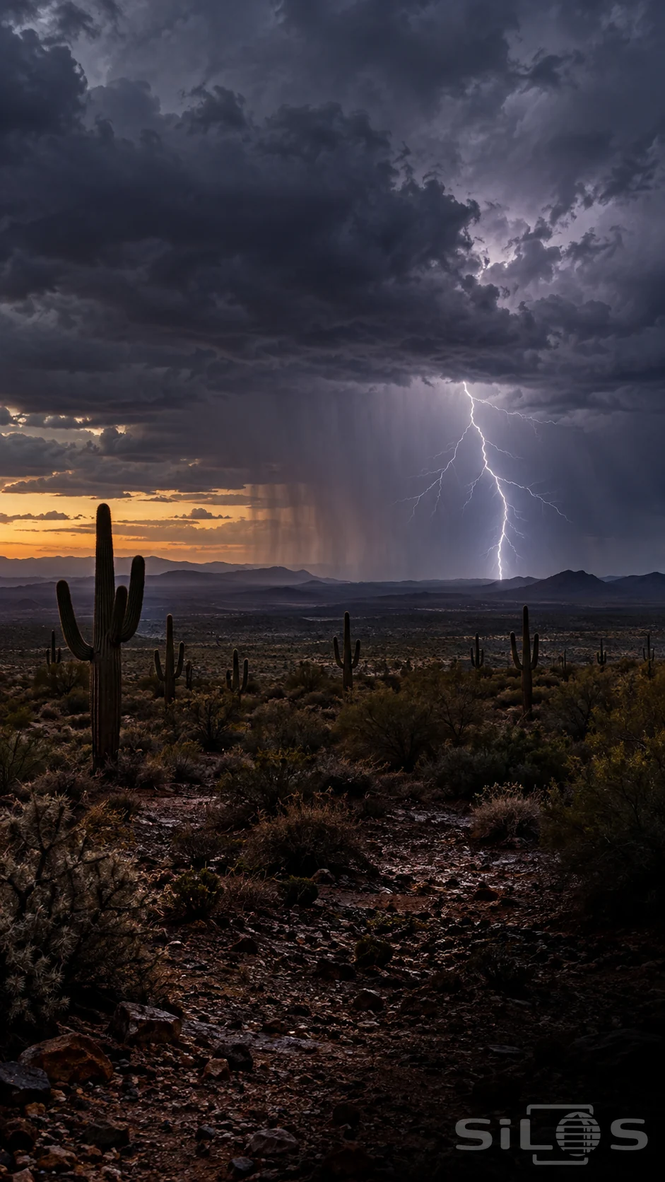 White lightning forks beneath dark storm clouds beyond silhouetted desert cacti and a narrow amber horizon.