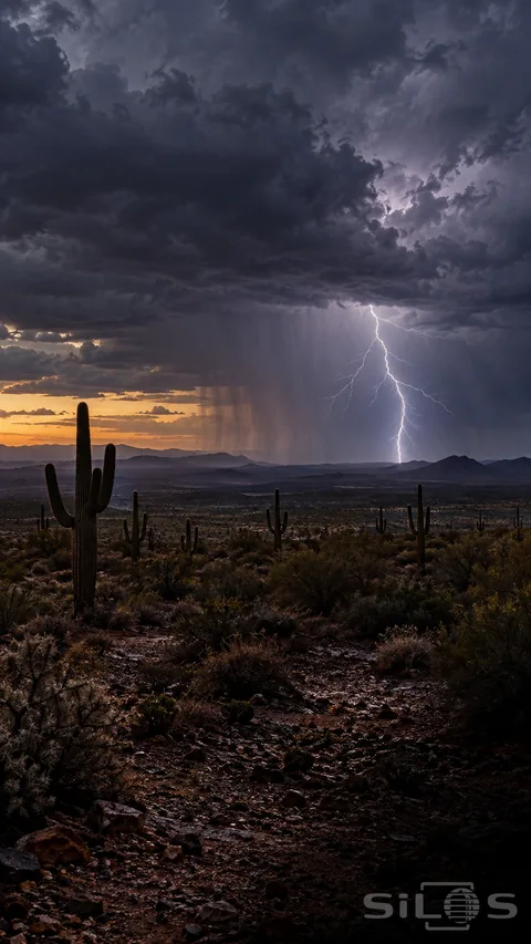 White lightning forks beneath dark storm clouds beyond silhouetted desert cacti and a narrow amber horizon.