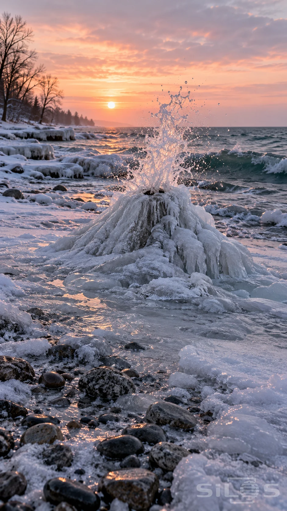 An ice volcano sends sunrise spray above a winter shore of frozen rocks beside a dark teal lake.