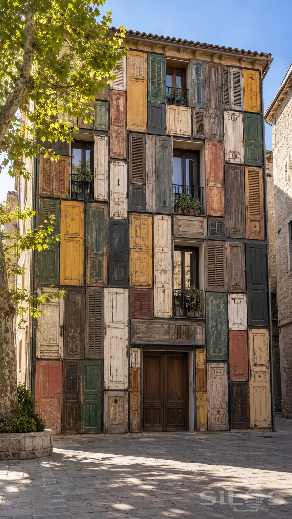 A tall house facade covered in reclaimed painted doors and shutters faces a sunny square with a plane tree.