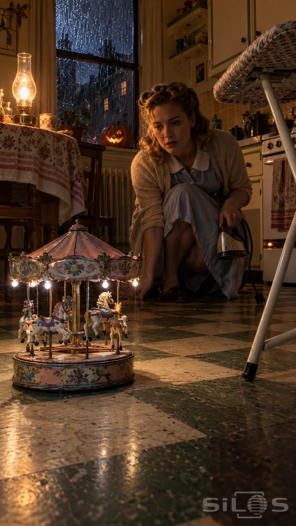 A woman holding an iron crouches beside a miniature carousel on a checkered kitchen floor.