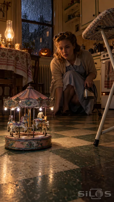 A woman holding an iron crouches beside a miniature carousel on a checkered kitchen floor.