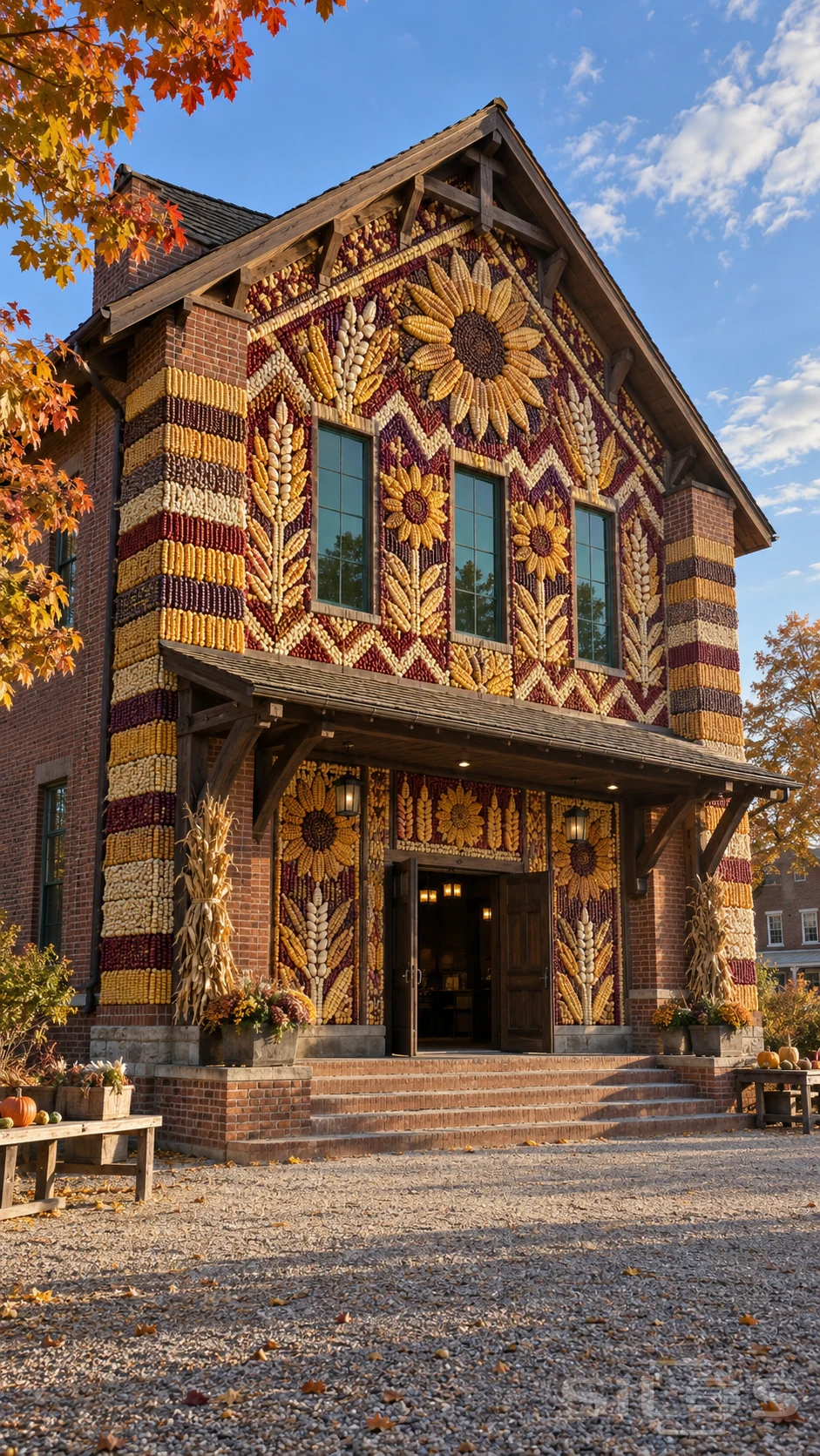 A corn mosaic hall has sunflower panels and wheat patterns above a timber entrance canopy and brick steps.