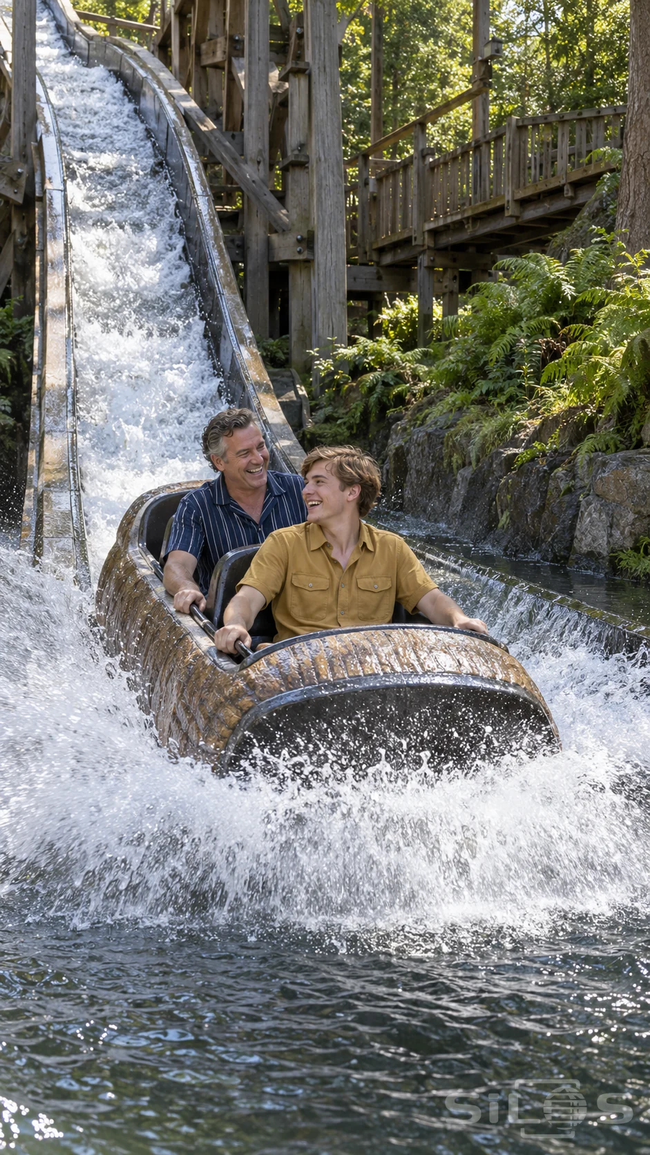 A log flume splashdown surrounds a father and adult son with white spray beneath a descending channel and timber supports.