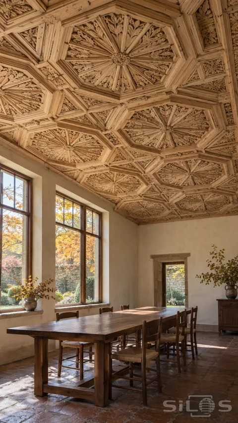 Pale wooden ceiling with deep octagonal floral rosettes above a walnut table and woven-seat chairs in a sunlit garden room