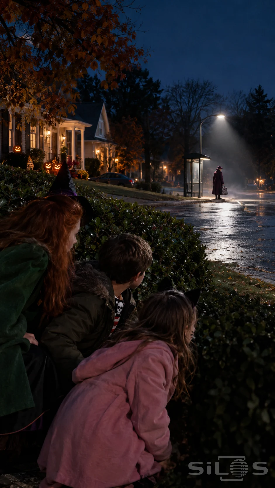 Three children in green, brown and pink coats watch an older woman with a carpet bag at a misty bus stop on Halloween night