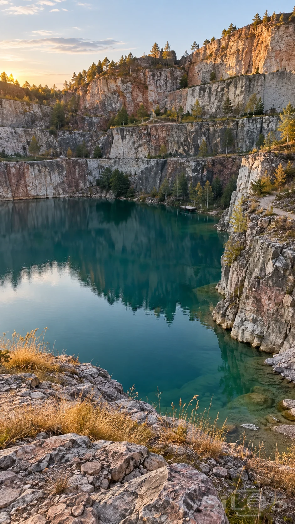 A jade quarry pond lies below terraced limestone cliffs with scattered trees and a small wooden landing in warm morning light.