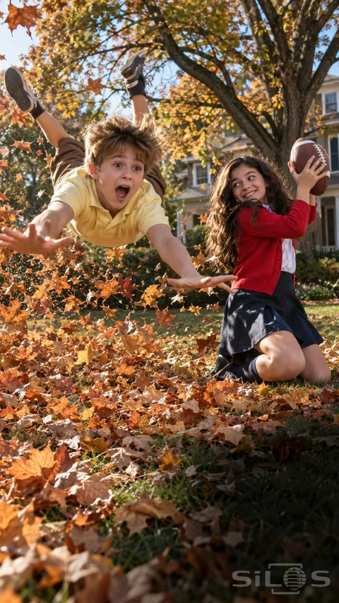 A boy tumbles forward through maple leaves while a kneeling girl in a red cardigan holds a football out of his reach.