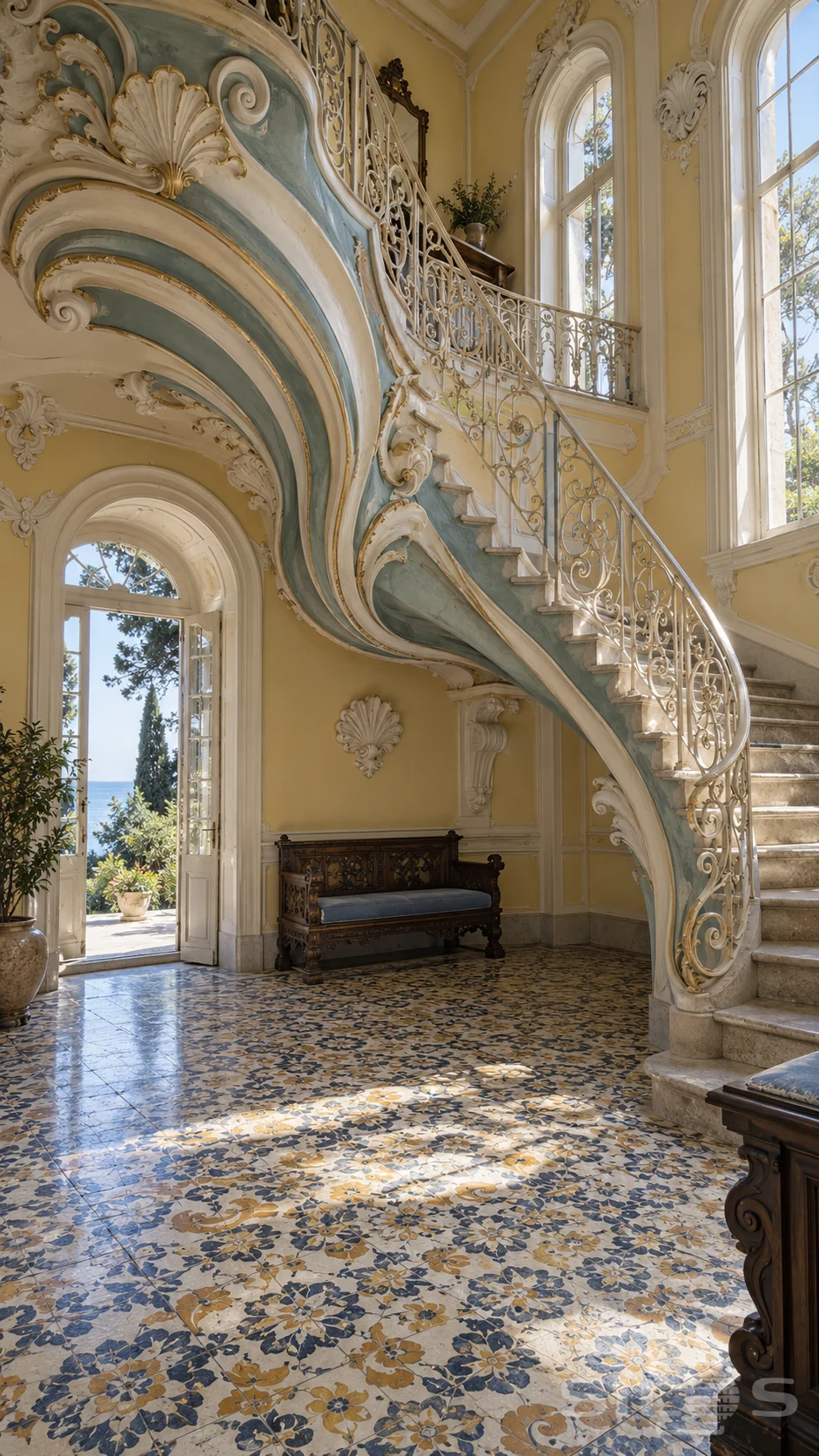 Curving stair with turquoise and ivory plaster scrolls above a patterned tile floor in a sunlit yellow hall