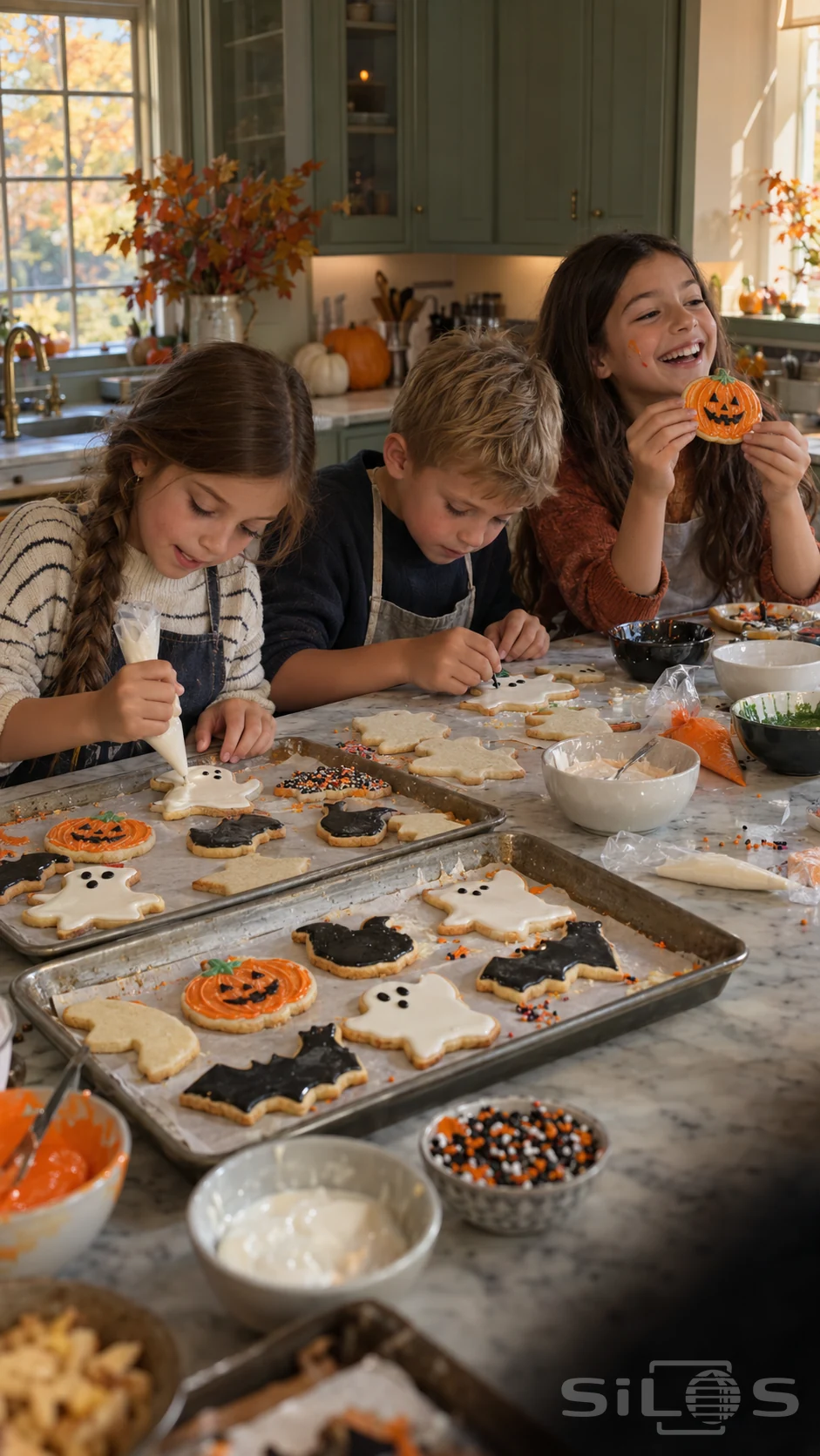 Three children decorate ghost and pumpkin cookies at a marble kitchen island with trays of biscuits and bowls of coloured icing.
