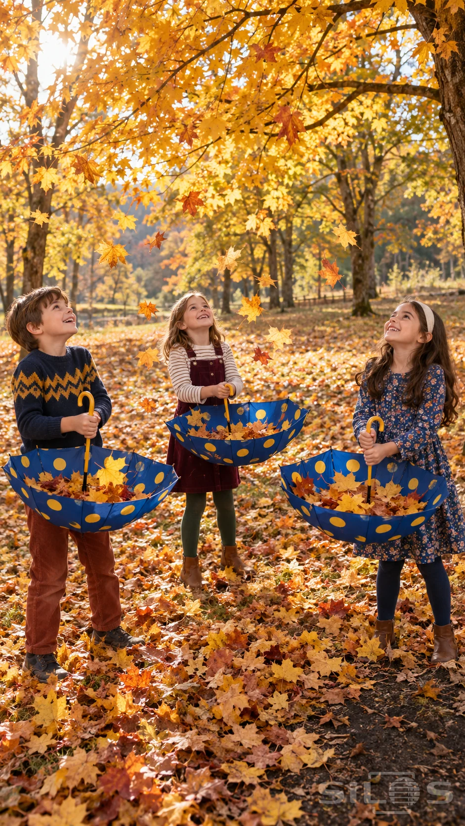 Three children hold blue dotted leaf umbrellas upside down while catching falling maple leaves.