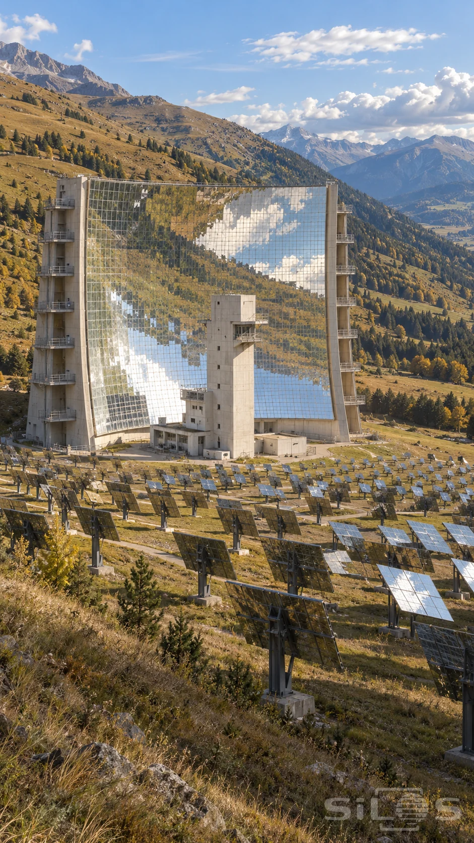 Solar furnace mirrors cover a tall curved facade above smaller supported reflectors in a sunlit mountain valley.