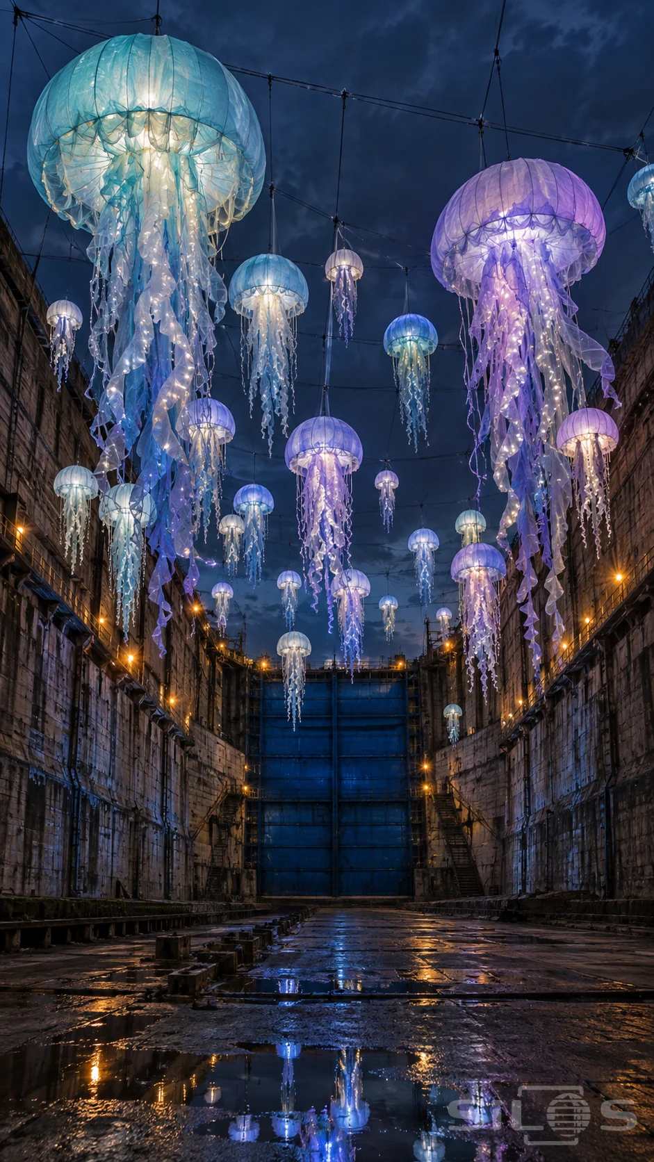 An aqua jellyfish lantern hangs among violet domes and curling ribbons above a dry dock at night.