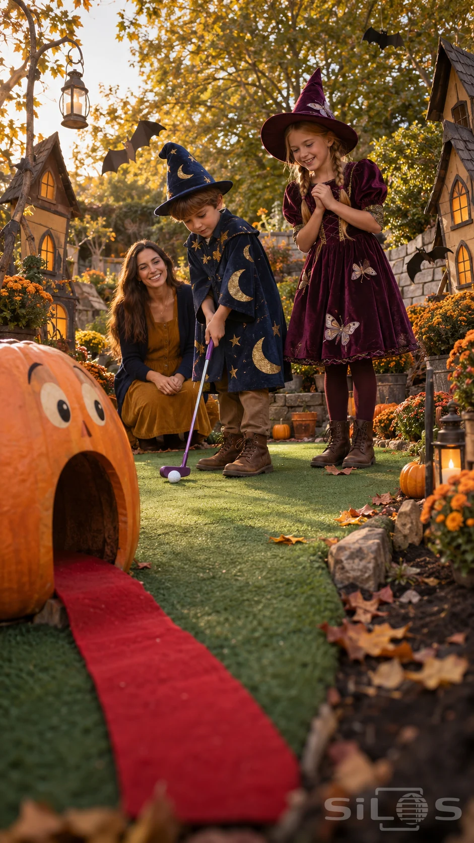 Pumpkin mini golf with a boy in a moon-patterned wizard costume putting as a girl in a plum witch dress and their mother watch.