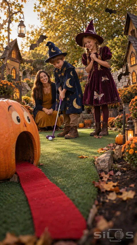 Pumpkin mini golf with a boy in a moon-patterned wizard costume putting as a girl in a plum witch dress and their mother watch.