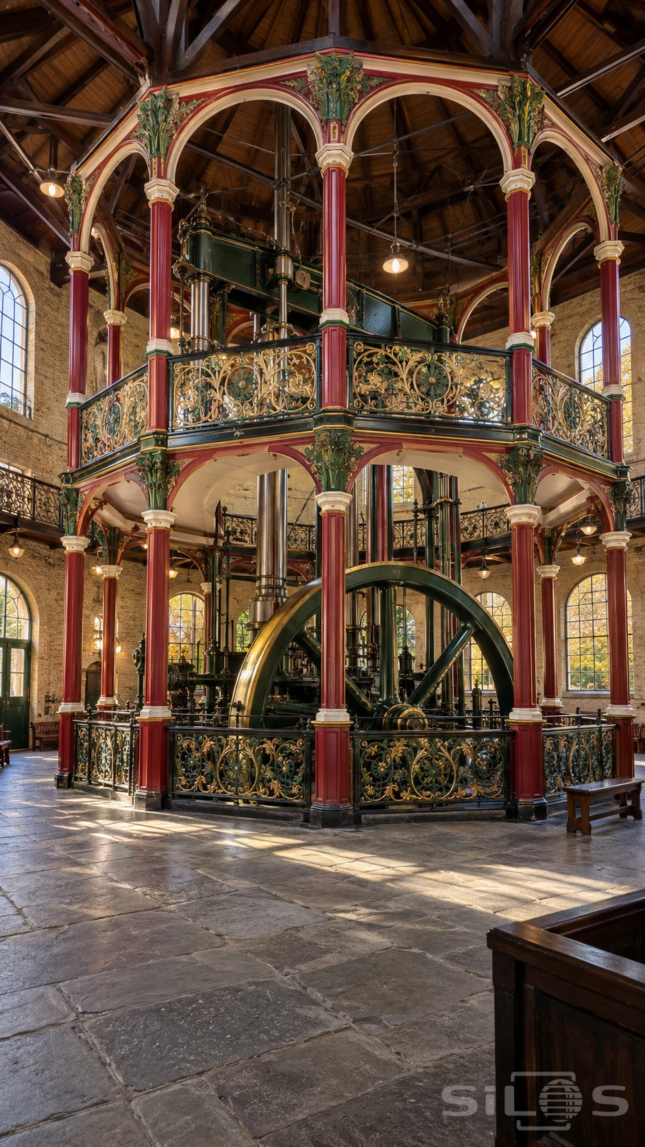 Ornate two-storey iron gallery painted red, cream, green and gold around a huge industrial flywheel in a brick hall.