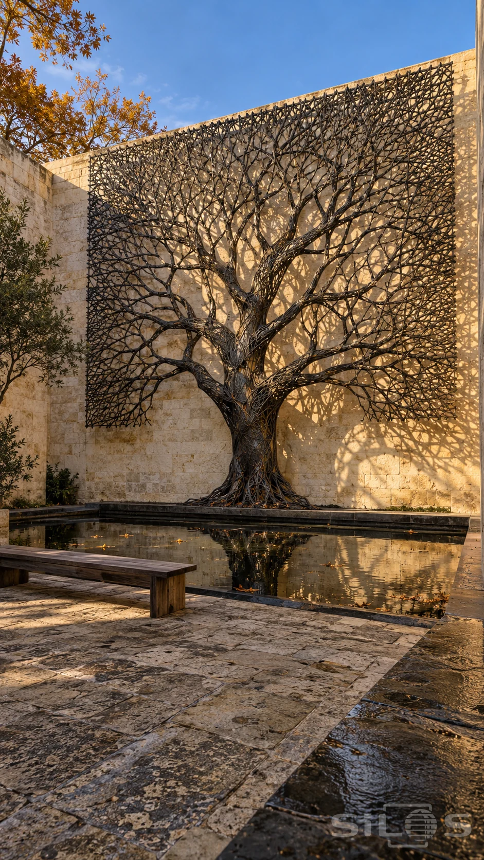 A huge branching bronze screen stands against a sunlit limestone wall above a reflecting basin and simple wooden bench.
