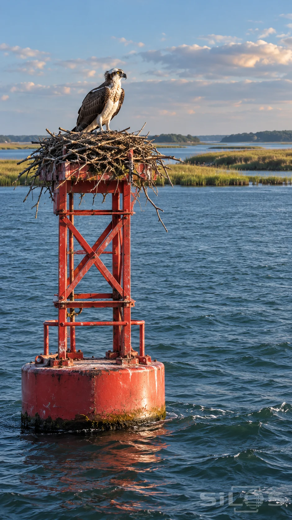 Osprey nest and a perched bird on a red channel marker surrounded by bay water and marsh islands.