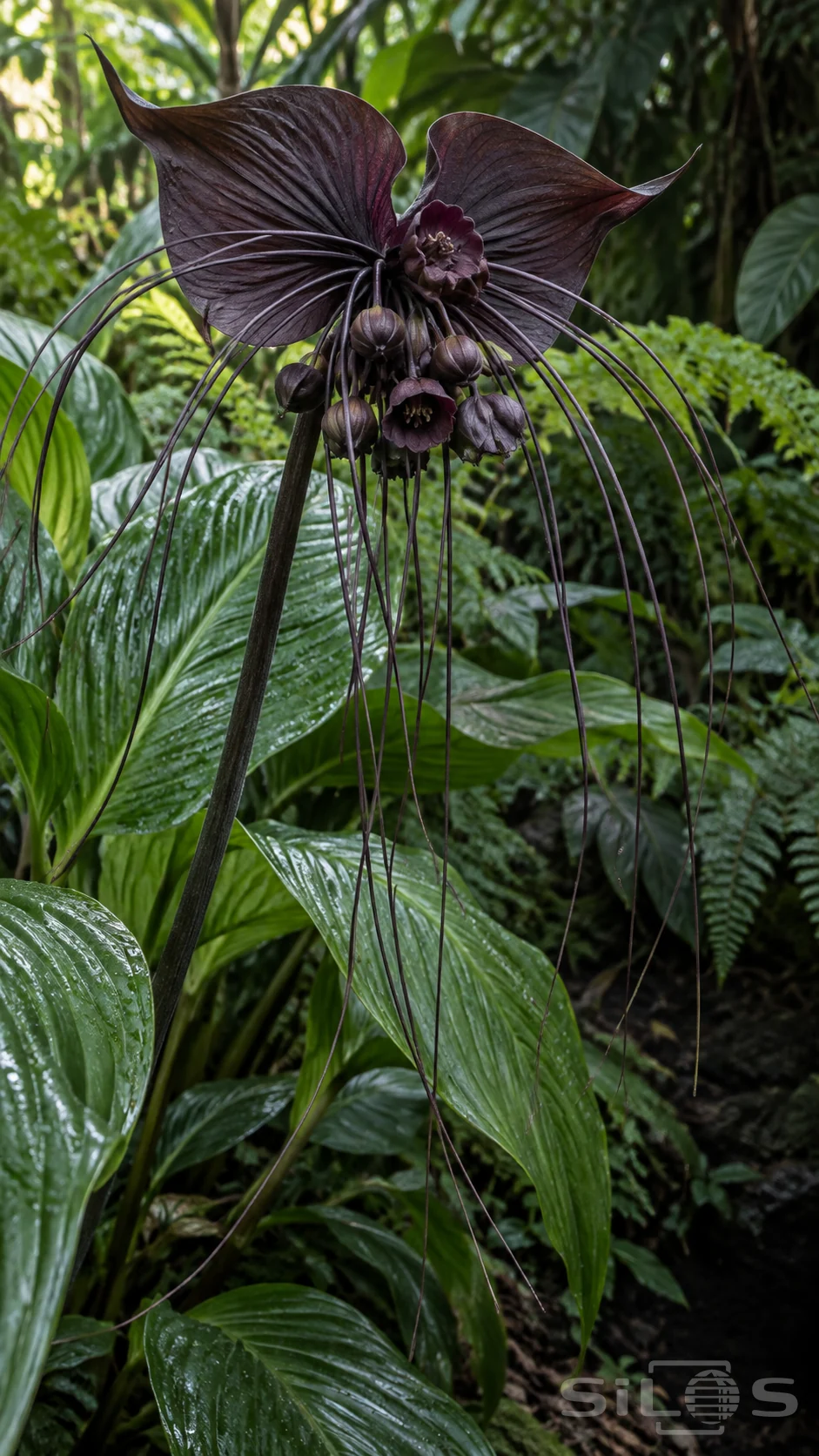 A bat flower has two broad dark burgundy bracts, small hanging flowers and long thin whiskers above glossy green leaves.