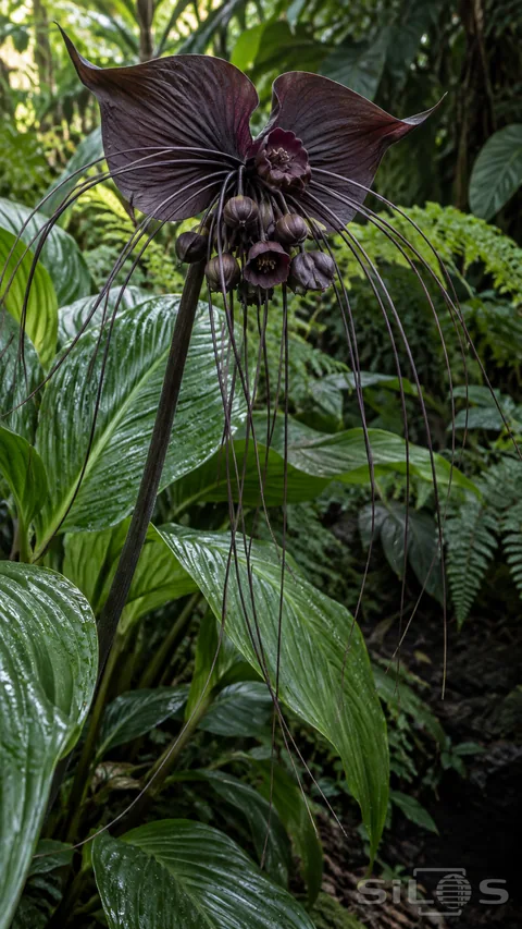 A bat flower has two broad dark burgundy bracts; small hanging flowers and long thin whiskers above glossy green leaves.