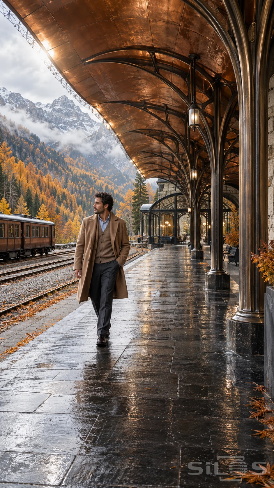 A man in a camel coat walks beneath a copper railway canopy beside golden larches and misty mountains.