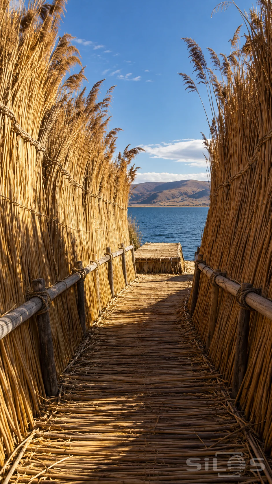 A golden reed passage with rope lashings and timber rails opens toward a blue lake and dry distant hills.