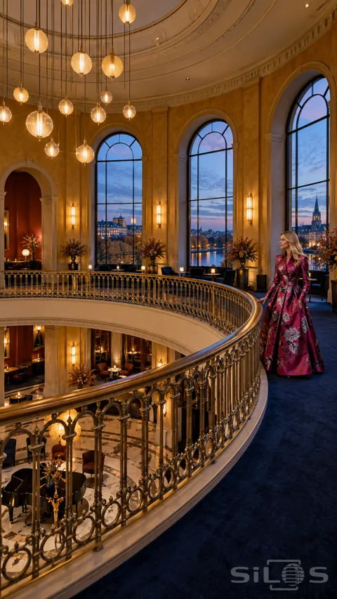 A woman in a magenta floral brocade ensemble stands beside a curved gold railing in a tall theatre foyer at dusk.