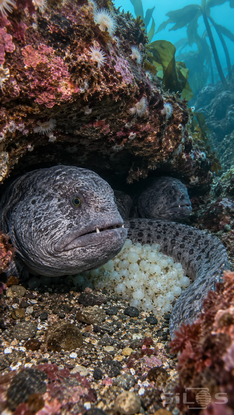 Two wolf eels guard an egg cluster under a rock overhang with pale eggs and kelp visible beyond the den.